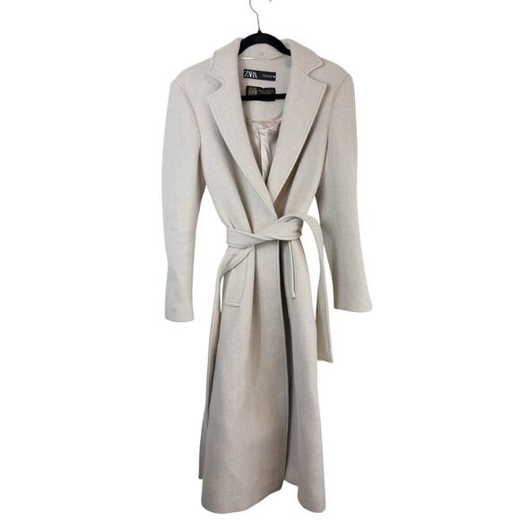Zara Manteco Wool Blend Open Front Belted Long Coat Minimalist Chic Beige Sz XS - Picture 10 of 10